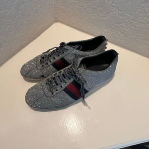 Gucci Women's 9.5 Bambi Webb Metallic Sneakers Silver Blue Red Icon Stripe Disco